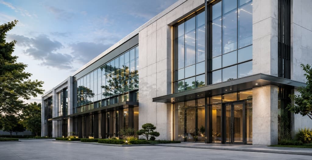 Premium architectural facade with large glass fenestration by AluEdge